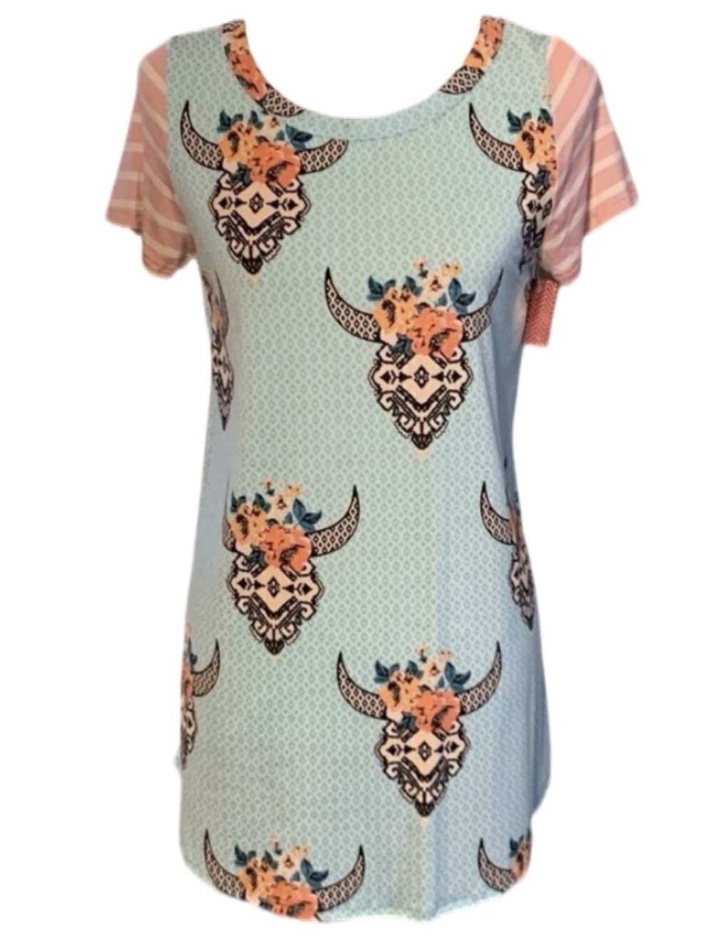 Longhorn Skull Floral Aztec Mixed Print Boho Western Tunic Top Size M NWT